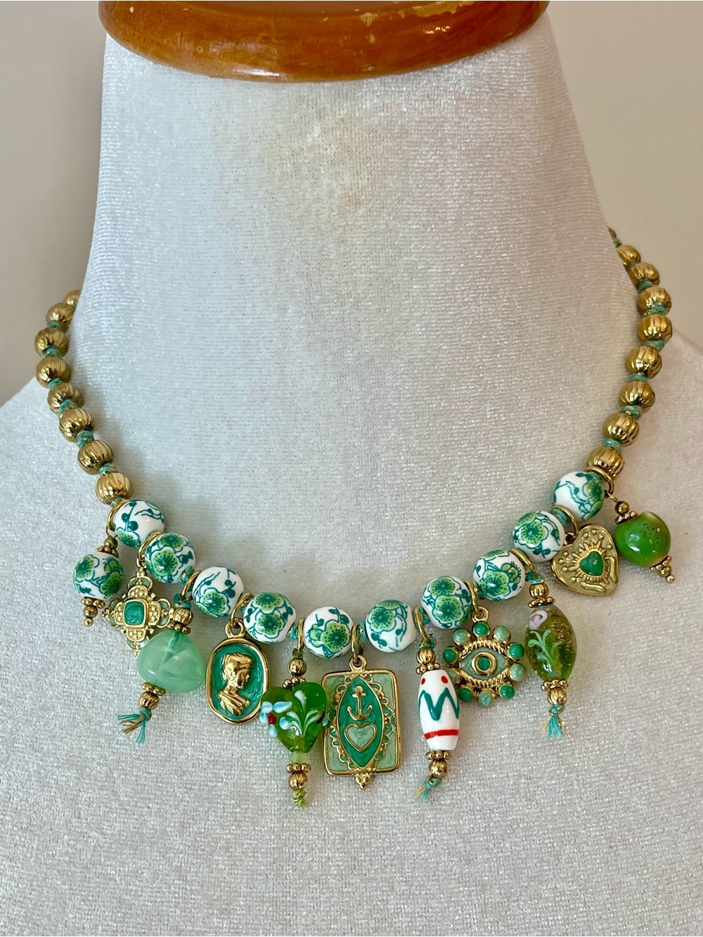 Green Floral Ceramjc Beads and Charms Statement Necklace